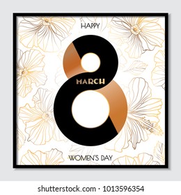 Stylish composition for women's day. Geometric floral seamless background. Golden hibiscus flowers on a white background. Postcard, poster, invitation, cover, elements for the women's day.