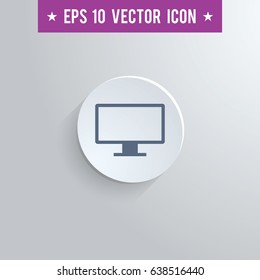 Stylish computer screen icon. Blue colored symbol on a white circle with shadow on a gray background. EPS10 with transparency.