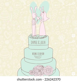 Stylish concept background. Gentle Save the Date card in vector. Cute rabbits on tasty cake in pastel colors
