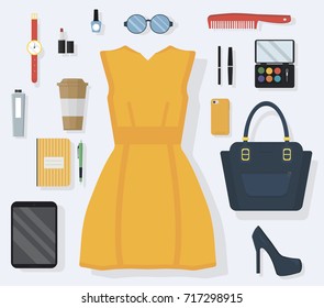 Stylish concept of every day carry and outfit accessories for women in flat style. Vector illustration.