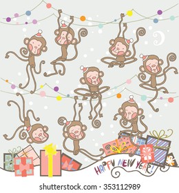Stylish concept icons set winter holidays. Christmas and Happy New Year card. Decorations retro style background.