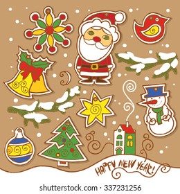 Stylish concept icons set of Xmas and winter holidays. Christmas and Happy New Year sticker labels collection. Decorations retro style vector template. 
