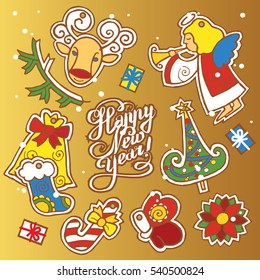 Stylish concept icons set of Xmas, New Year and winter holidays. Christmas stickers, label collection: angel, deer, christmas tree, bag, present box. Decorations retro template. Golden  background