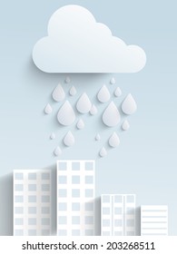 Stylish concept with water drops falling from cloud, urban city background. 
