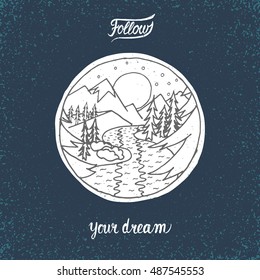 stylish conceptual illustration, hand drawn wild land with river and moon