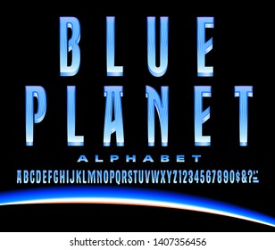 Un elegante alfabeto condensado con efectos zig zag y 3d de profundidad, Blue Planet es temático de la ecología global y el Planeta Tierra visto desde la órbita.