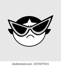 Stylish and confident cartoon character with oversized cat-eye sunglasses and a star headpiece. A bold black-and-white vector illustration, perfect for logos, stickers, branding, and fashion design