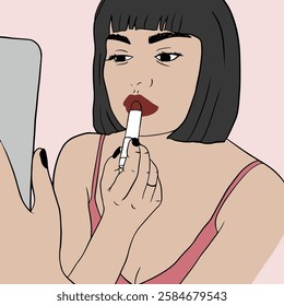 A stylish and confident woman with short black hair applies dark red lipstick.