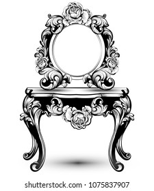 Stylish console table and mirror frame with rose flowers decorations Vector. Intricate ornaments line art illustrations