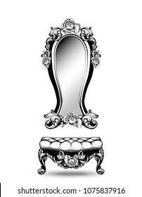 Stylish console table and mirror frame with rose flowers decorations Vector. Intricate ornaments line art illustrations