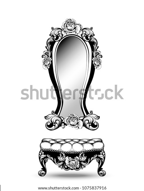 Stylish console table and mirror frame with\
rose flowers decorations Vector. Intricate ornaments line art\
illustrations