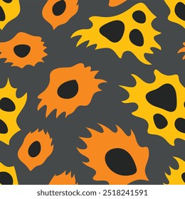 Stylish contemporary leopard print pattern with black, orange, and yellow spots on a dark background.