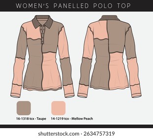 Top polo feminino de manga longa elegante e contemporâneo com um design lisonjeiro em tons contrastantes de taupe e pêssego suave