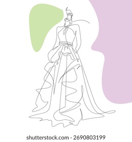 Desenho de linha contínua elegante de uma mulher elegante vestindo um vestido longo fluindo. Ilustração de moda moderna minimalista com fundo abstrato pastel para cartazes, impressões e design editorial.