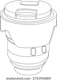 Elegante desenho de linha contínua de uma lente de câmera profissional com tampa. A elegante ilustração vetorial de um único traço é perfeita para marcas de fotografia, blogs de tecnologia e projetos de design modernos.
