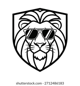Logotipo fresco con estilo de la mascota de la cabeza del león con las gafas de sol dentro de la insignia del escudo – Ilustración vectorial negra y blanca audaz para el Equipo deportivo, la marca de la ropa y el Diseño gráfico moderno