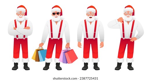 Stylish cool Santa Claus stands with his arms crossed, with purchases in his hands, is surprised by something, shows a dislike gesture. Santa is wearing glasses, a white shirt