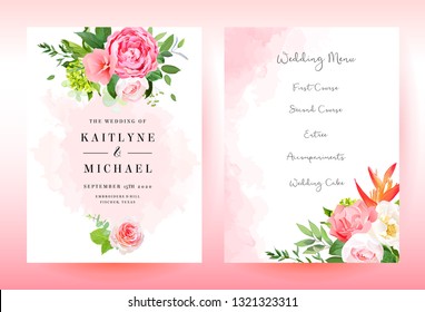 Stylish coral watercolor and flowers vector design cards. Wedding invitation with fuchsia pink rose, hydrangea, carnation, strelitzia, greenery. Coral trendy color collection. Editable.