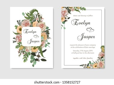 Stylish coral watercolor and flowers vector design cards. Flowers, rose, eustoma cream, brunia, green fern, eucalyptus, branches. Decorative vertical rectangle. Trendy 2019 color collection. Editable
