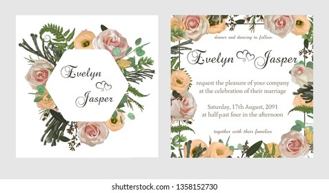 Stylish coral watercolor and flowers vector design cards. Flowers, eustoma cream, rose, brunia, green fern, eucalyptus, branches. Decorative square. Trendy 2019 color collection. Editable.
