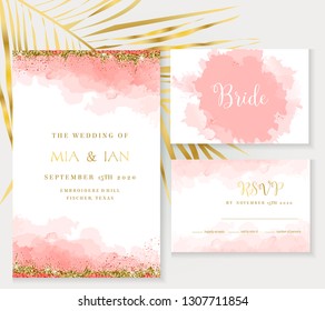 Stylish coral watercolor and gold glitter vector design card. Golden foil frame. Elegant wedding invitation. Splash texture. Boho style.Coral trendy color collection. Isolated and editable