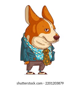 A Stylish Corgi, isolated vector illustration. Cute cartoon picture of a dog wearing a costume. Drawn animal sticker. An anthropomorphic dog on white background. A dressed animal. A hipster dog