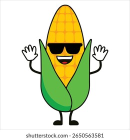 Stylish corn wearing sunglasses vector illustration. Playful veggie character ideal for farmer market merch and quirky food packaging designs.