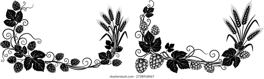Stylish corner decorations crafted from hop vines and wheat bundles, suitable for beer labels, brewery logos, or harvest festival designs.