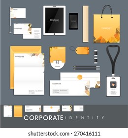 Stylish corporate identity kit for business including Letterhead, Envelope, Visiting Card, Identity Card, Tablet, Smartphone and stationery items.