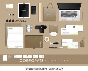Stylish corporate identity kit for business including Letterhead, Envelope, Visiting Card, Identity Card, Tablet, Smartphone and stationery items.