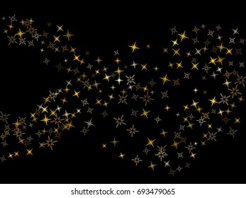 Stylish cosmic space abstract vector background with gold star elements. Glitter confetti stars, magic shining sparkles design. Decorative pattern on black with golden night sky objects. tinsels.