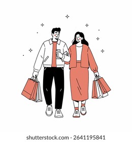 A stylish couple, arm in arm, happily walks while carrying shopping bags and using a phone.