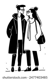 Stylish couple in black and white illustration, showcasing love, intimacy, and a fashionable bond