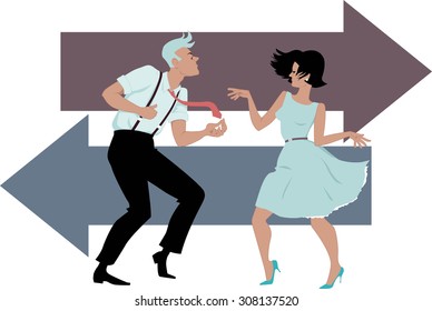 Stylish couple dressed in early 1960s fashion dancing the twist, two arrows on the background, EPS 8