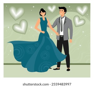 Stylish couple dressed in formal attire, set against a green textured backdrop with floating hearts. Family lifestyle activity characters celebration themes. Flat vector modern illustration 