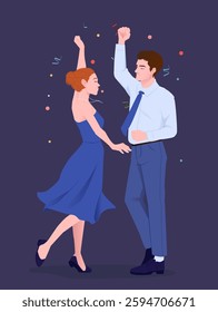 A stylish couple elegantly dances at a party, surrounded by confetti. The woman wears a flowing blue dress, and the man is in formal attire. Dark background. Celebration concept. Vector illustration