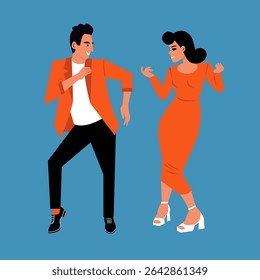 A Stylish Couple Energetically Dancing Together in EyeCatching Bright Orange Outfits