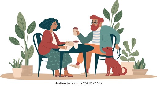 Stylish couple enjoying coffee and reading a book at an outdoor café terrace. Isolated Flat vector illustration