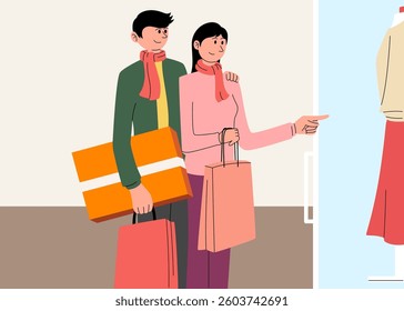 A stylish couple enjoys a shopping trip while admiring fashion displays
