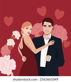 Stylish couple in formal attire with roses and hearts in the background. Perfect for wedding invites, romantic gifts, and elegant Valentine’s Day designs.