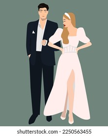 Stylish couple groom and bride on an isolated background. Vector illustration of a wedding card. A woman in a white wedding dress. Valentine's Day card. Wedding invitation, engagement