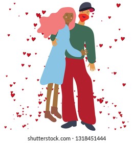Stylish couple hugging with red hearts. Romantic composition on white background. Vector colourful illustration.