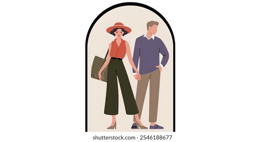 A stylish couple illustration,2d flat vector ,minimalistic design with plain background.