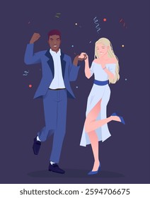 A stylish couple joyfully dancing at a party, dressed in elegant attire. The man wears a blue suit, and the woman dons a flowing dress. Colorful confetti enhances the celebration mood. Vector