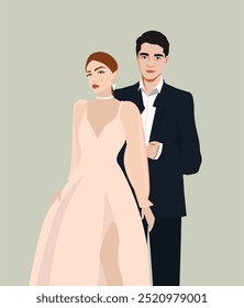 stylish couple man and woman in fashionable evening dresses. wedding dress for women and suit for men. couple at a wedding. festive atmosphere. Love.