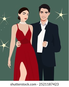 stylish couple man and woman in fashionable evening dresses. evening dress for women and suit for men. couple at a party against the backdrop of fireworks. festive atmosphere