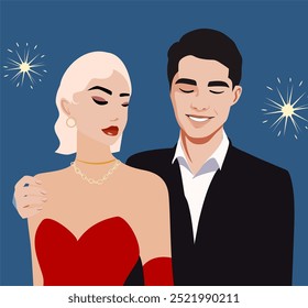 stylish couple man and woman in fashionable evening dresses. evening dress for women and suit for men. couple at a party against the backdrop of fireworks. festive atmosphere. Smiling faces 