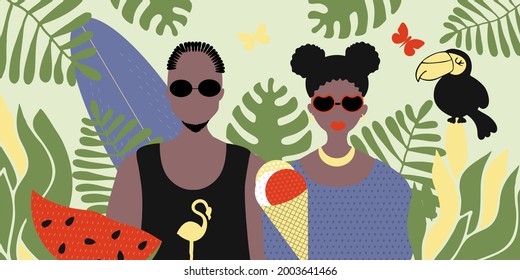 Stylish couple of people, Afro-Americans man and woman, portraits in trend with summer attributes - watermelon and ice cream, toucan and  plants. Vector flat illustration, summer time