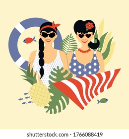 Elegante pareja de personas, dos espectaculares chicas blancas con trajes de baño tipo pin-up, retratos de moda con atributos de verano, lifebuoy, toallas, piña, plantas. Ilustración plana vectorial, tiempo de verano