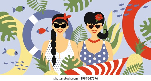 Elegante pareja de personas, dos espectaculares chicas blancas con trajes de baño tipo pin-up, retratos de moda con atributos de verano, lifebuoy, toallas, piña, plantas. Ilustración plana vectorial, tiempo de verano